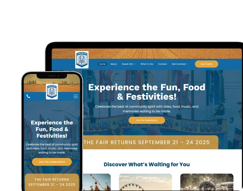Website homepage displayed on a tablet and a smartphone showing a fair event with the headline 'Experience the Fun, Food & Festivities!' and details about the fair returning September 21-24, 2025.