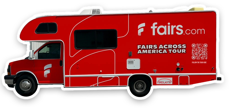 Red RV with fairs.com logo and text 'FAIRS ACROSS AMERICA TOUR' alongside a QR code on its side.