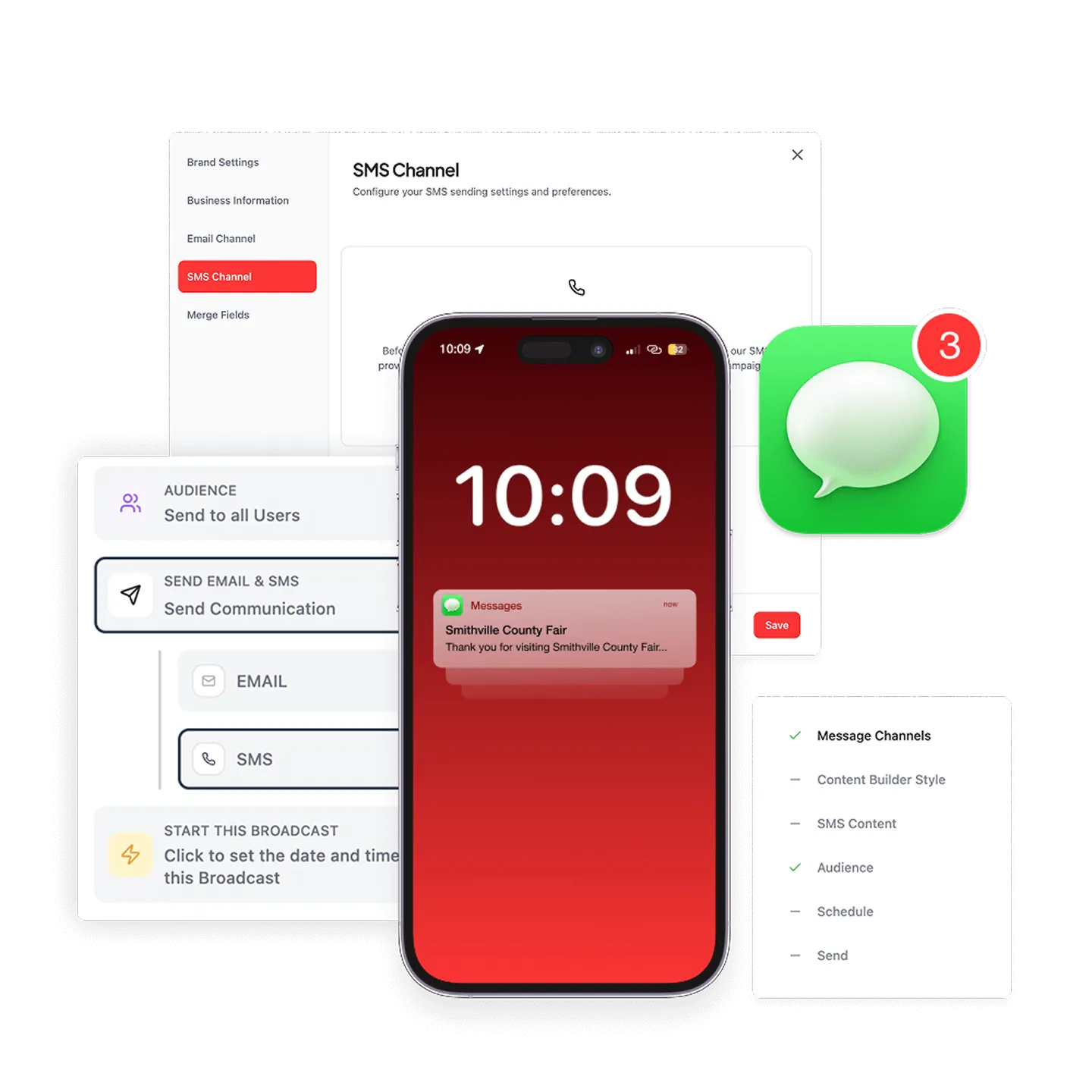 Smartphone screen displaying an SMS notification from Smithville County Fair, surrounded by elements of an SMS marketing platform interface.
