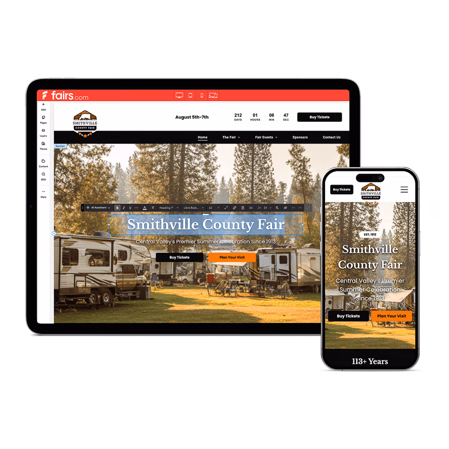 Tablet and smartphone screens showing a responsive website for Smithville County Fair with campground background and options to buy tickets or plan a visit.