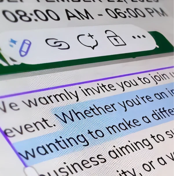 Close-up of a digital text selection on a screen with editing icons above, highlighting the phrase 'wanting to make a difference.'