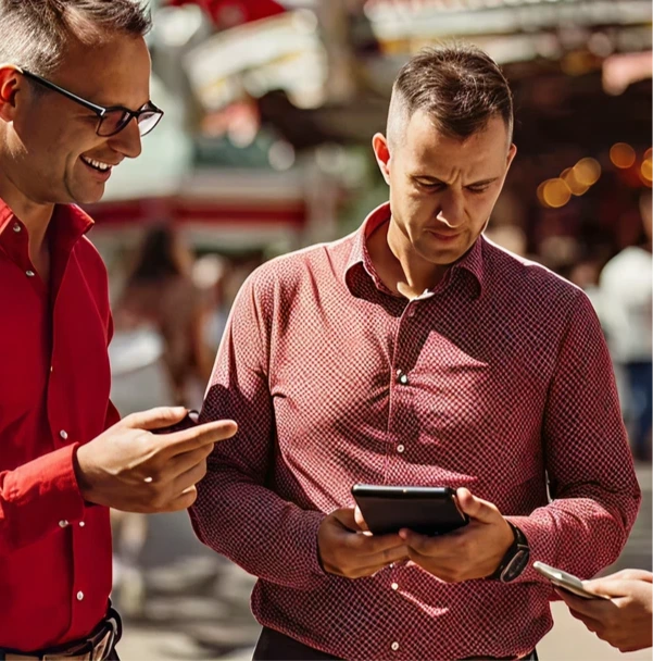 Two men in patterned shirts looking at a smartphone, engaged in conversation outdoors.