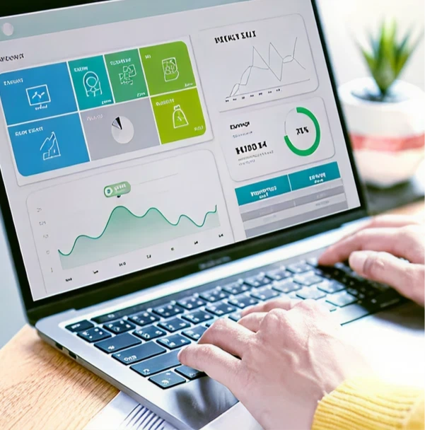 Hands typing on a laptop keyboard displaying various colorful business charts and graphs on the screen.
