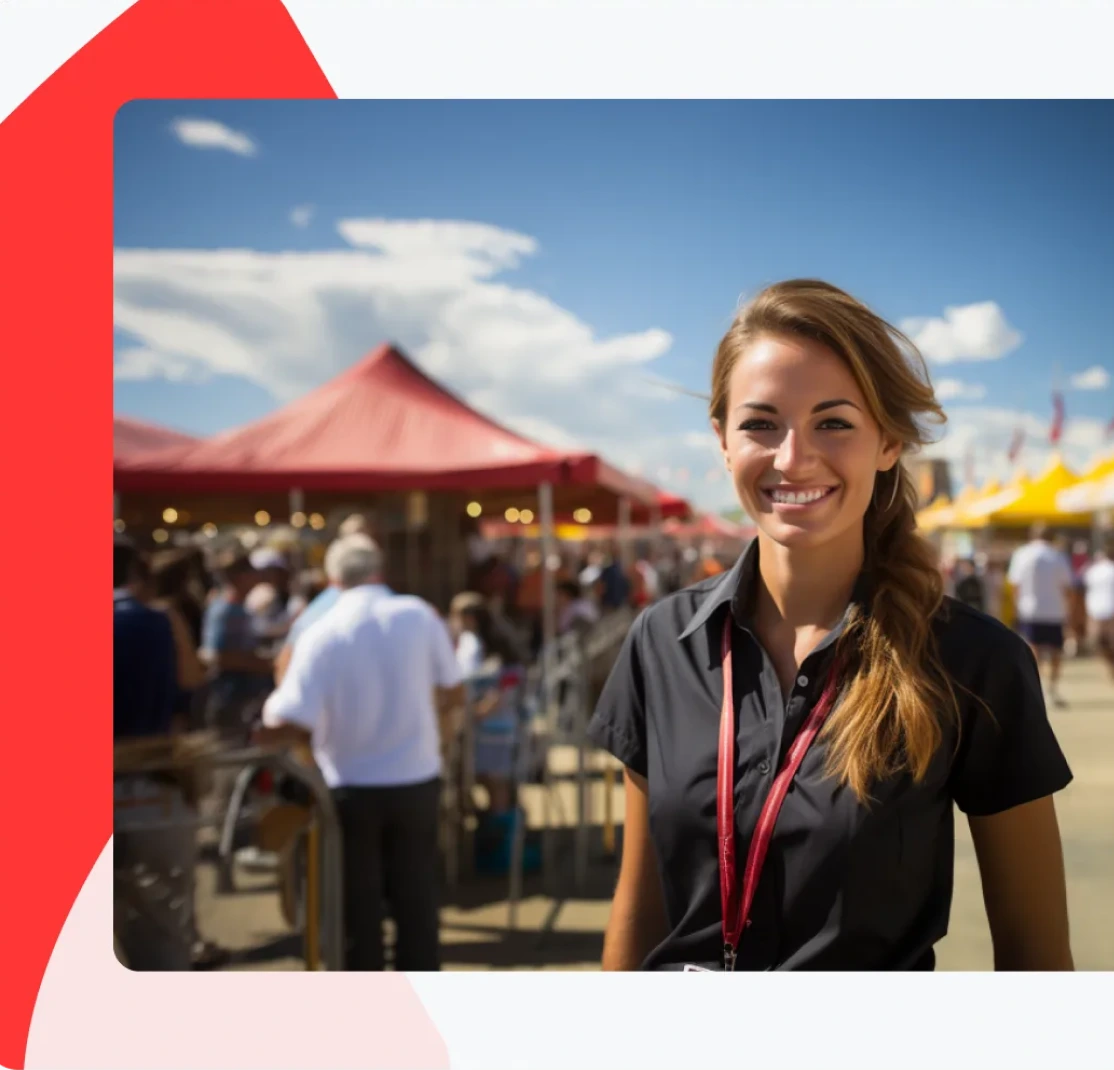 Smiling young woman wearing a black shirt and red lanyard at an outdoor fair with tents and people in the background.