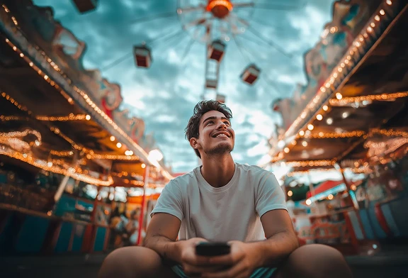 Young man smiling and holding a phone, sitting in a brightly lit amusement park at dusk.