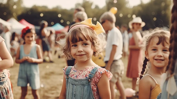Young children smiling and playing outdoors at a sunny festival or party with blurred crowd and string lights in the background.