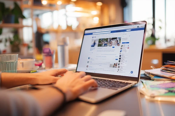 Person typing on a laptop displaying a social media feed on a cluttered wooden desk in a well-lit room.