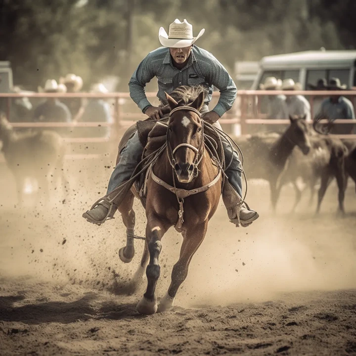 Cowboy wearing a white hat riding a brown horse at high speed in a dusty rodeo arena.