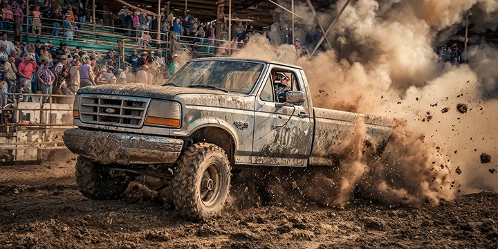 White pickup truck driving through muddy terrain, splashing mud with spectators watching from bleachers.