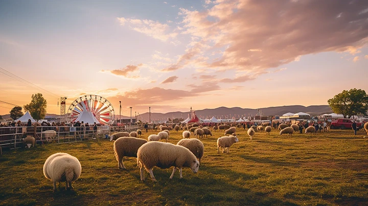 Sheep grazing in a field during sunset at a fair with a Ferris wheel and tents in the background.