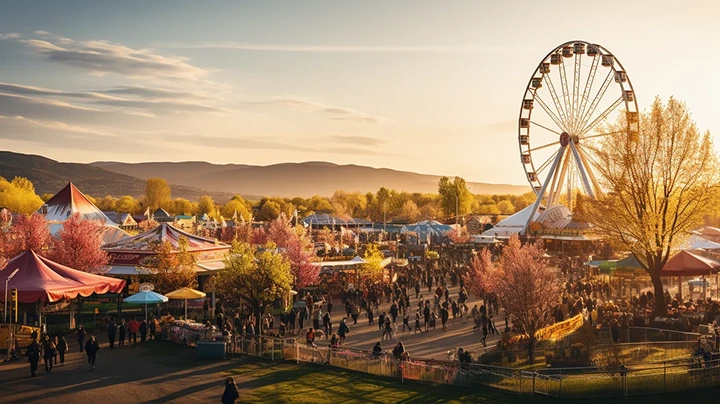 Crowded outdoor fair with tents, trees, and a large Ferris wheel at sunset near mountains.