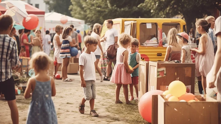 Children and adults mingling at an outdoor fair with balloons and a yellow van in the background.