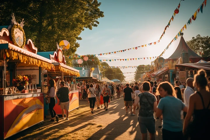 People walking and enjoying an outdoor festival with colorful stalls and hanging flags in warm sunlight.