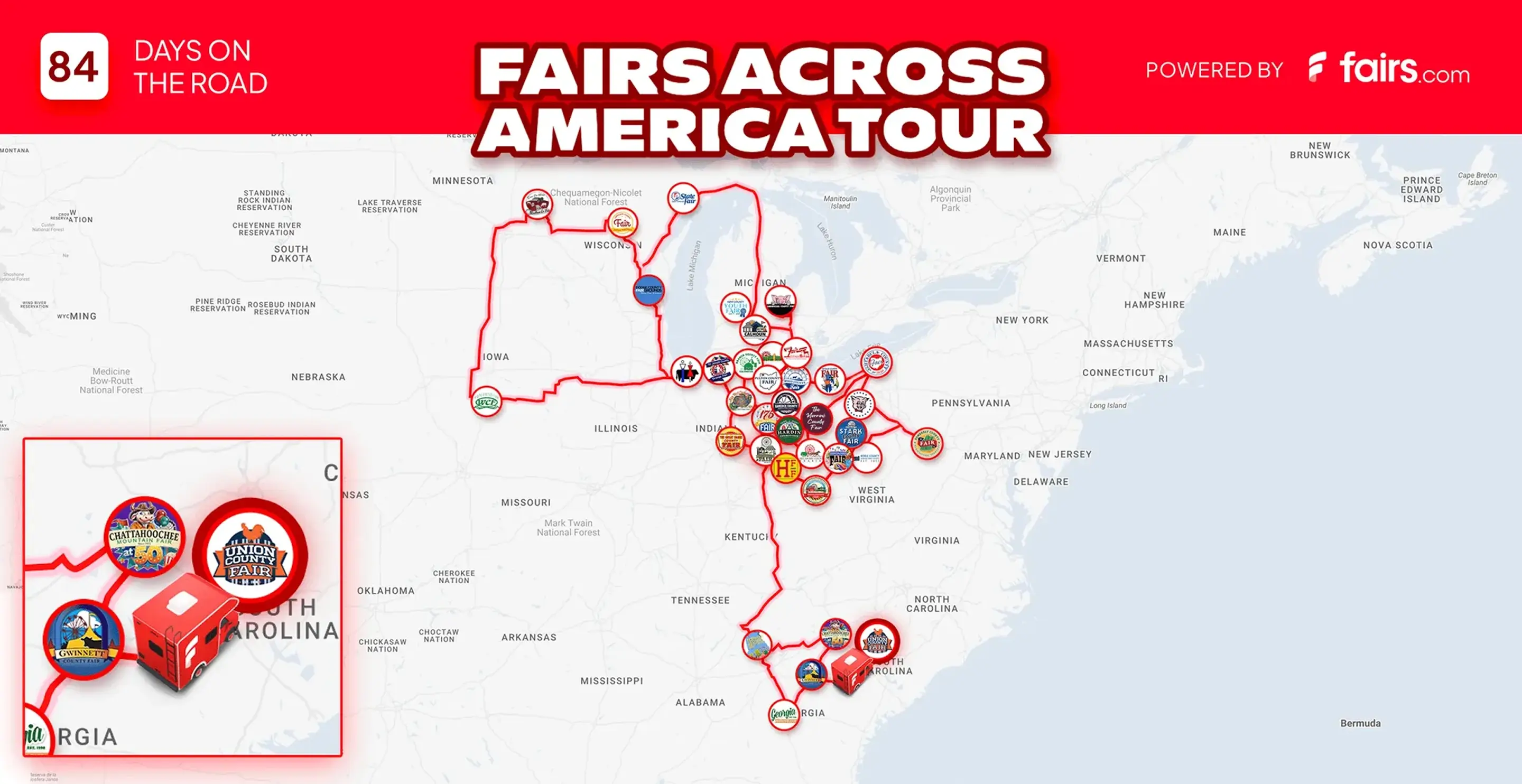 Map of the Fairs Across America Tour showing a red route through multiple states in the Midwest and Southeast with fair logos marking stops, accompanied by a red banner at the top reading '84 Days on the Road' and 'Powered by fairs.com'.