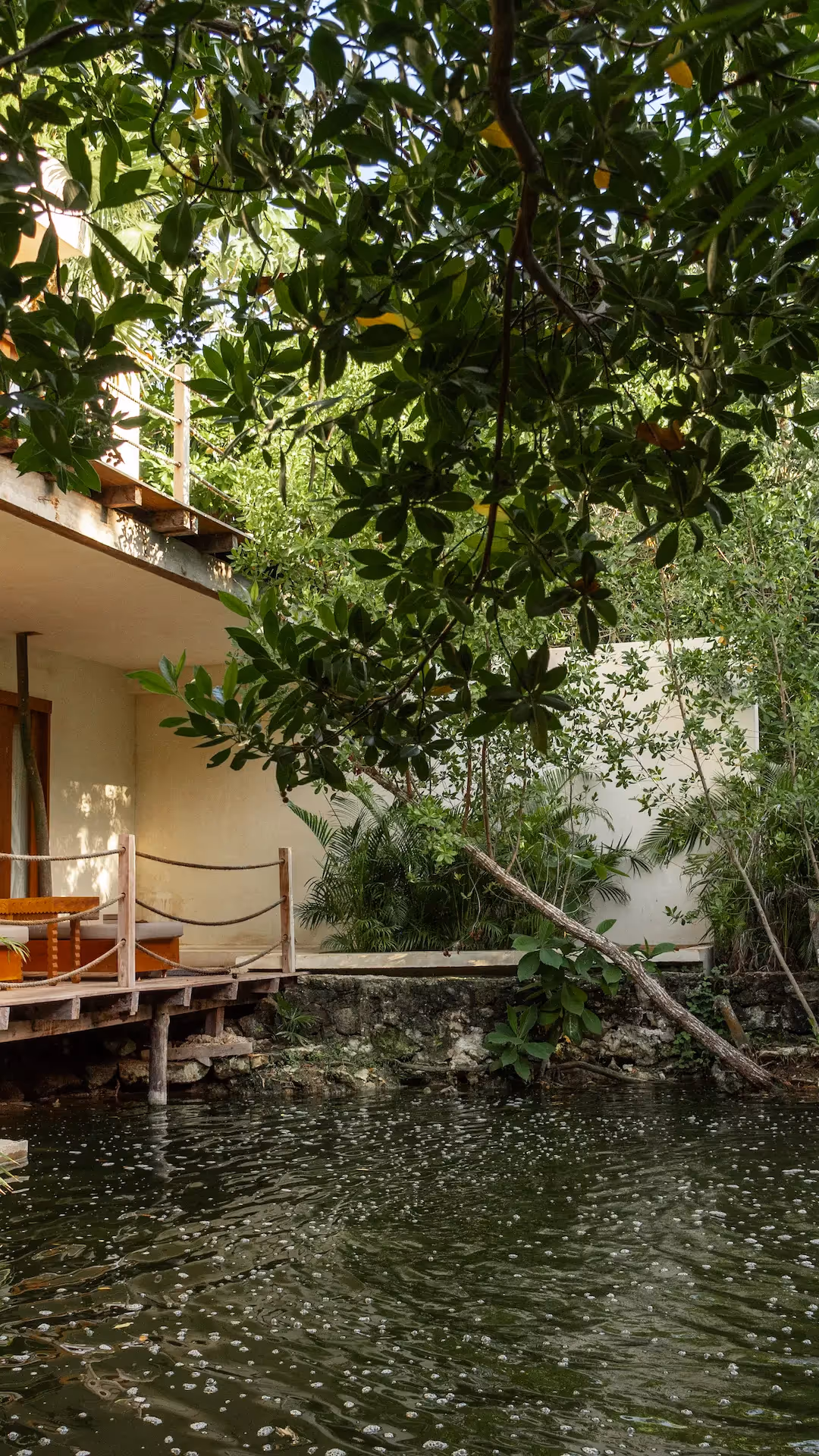 Relajante área al aire libre con exuberante vegetación y una fuente de agua en La Valise Tulum, México.
