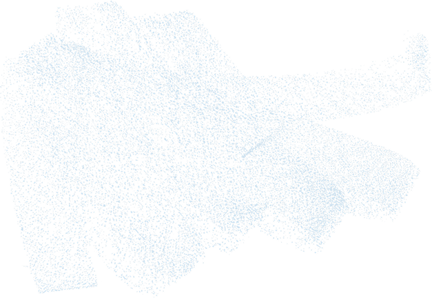 3D point cloud representation of an engine or mechanical component in blue dots on a black background.