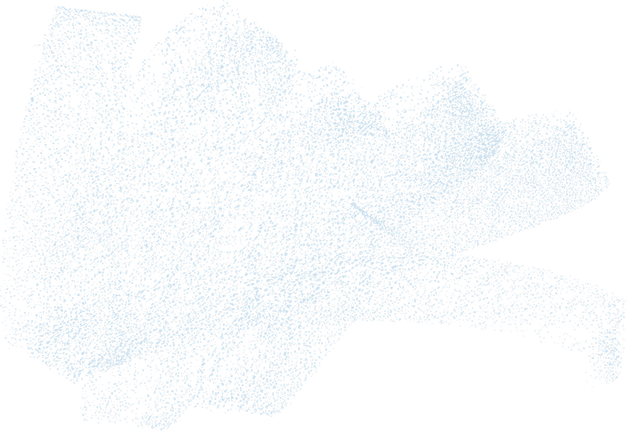 Abstract scribble of dense blue dots scattered unevenly on a black background.