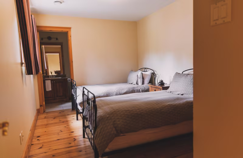Chambre 3 du chalet Le Duc, deux lits simples en fer forgé
