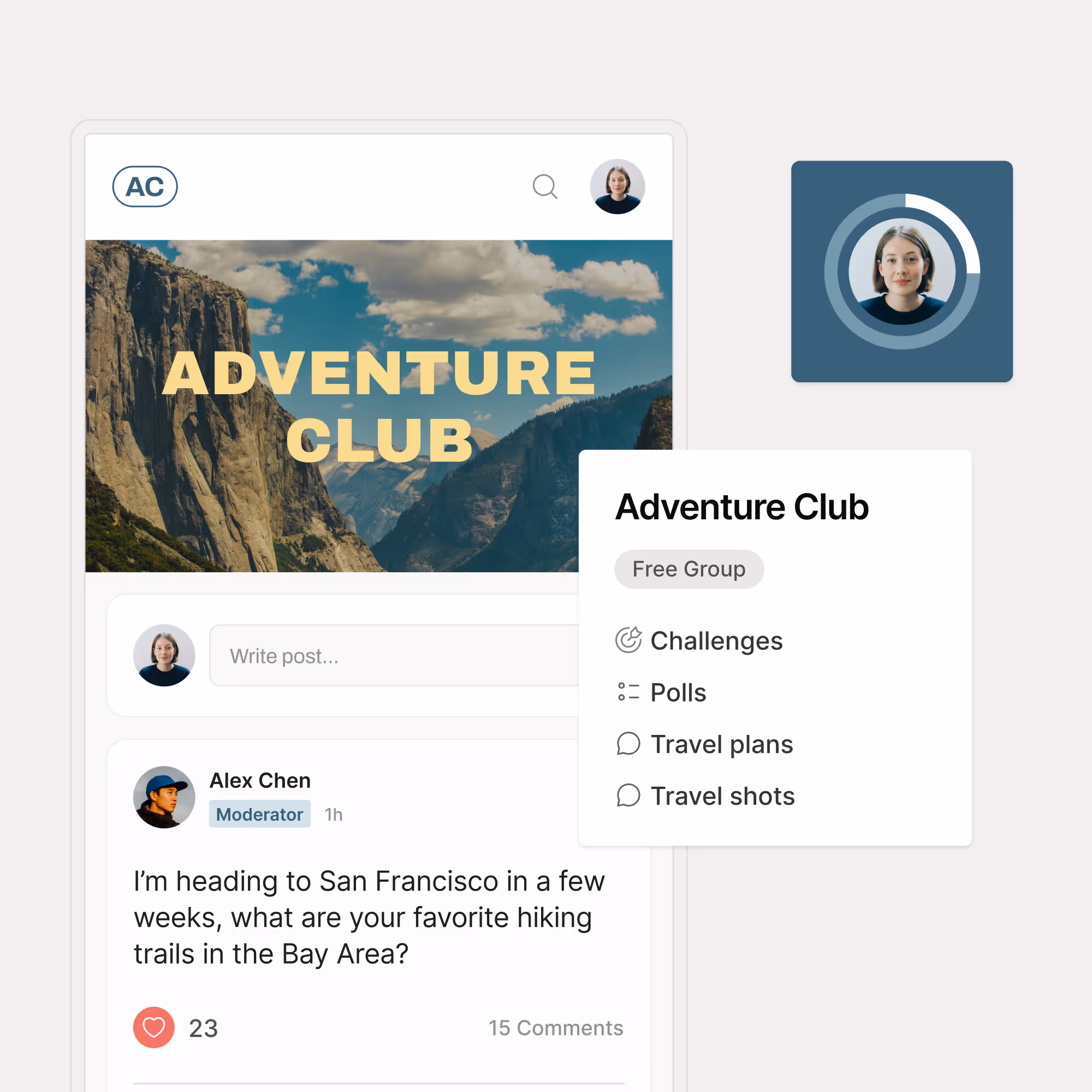 Kajabi member portal with community feed, posts, challenges, and progress tracking