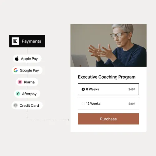 Kajabi payments and checkout interface with subscriptions, pricing options, and multiple payment methods