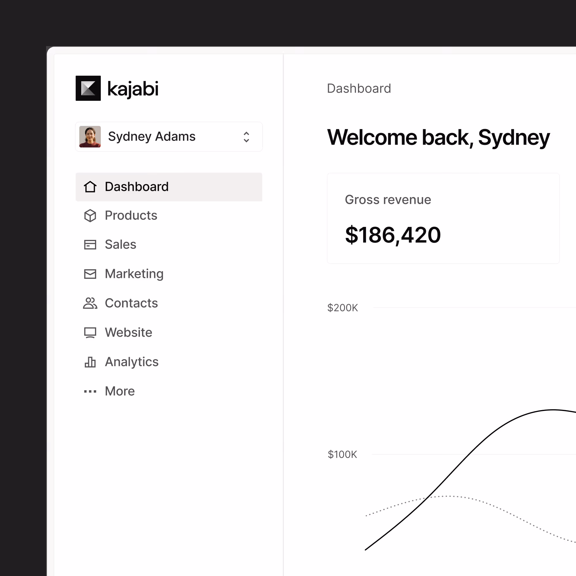 Kajabi all-in-one business dashboard showing products, sales, marketing, and revenue analytics