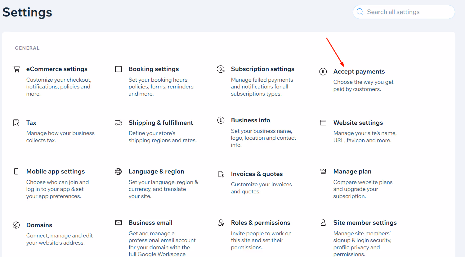 Wix Settings with an arrow pointing to the Accept payments section