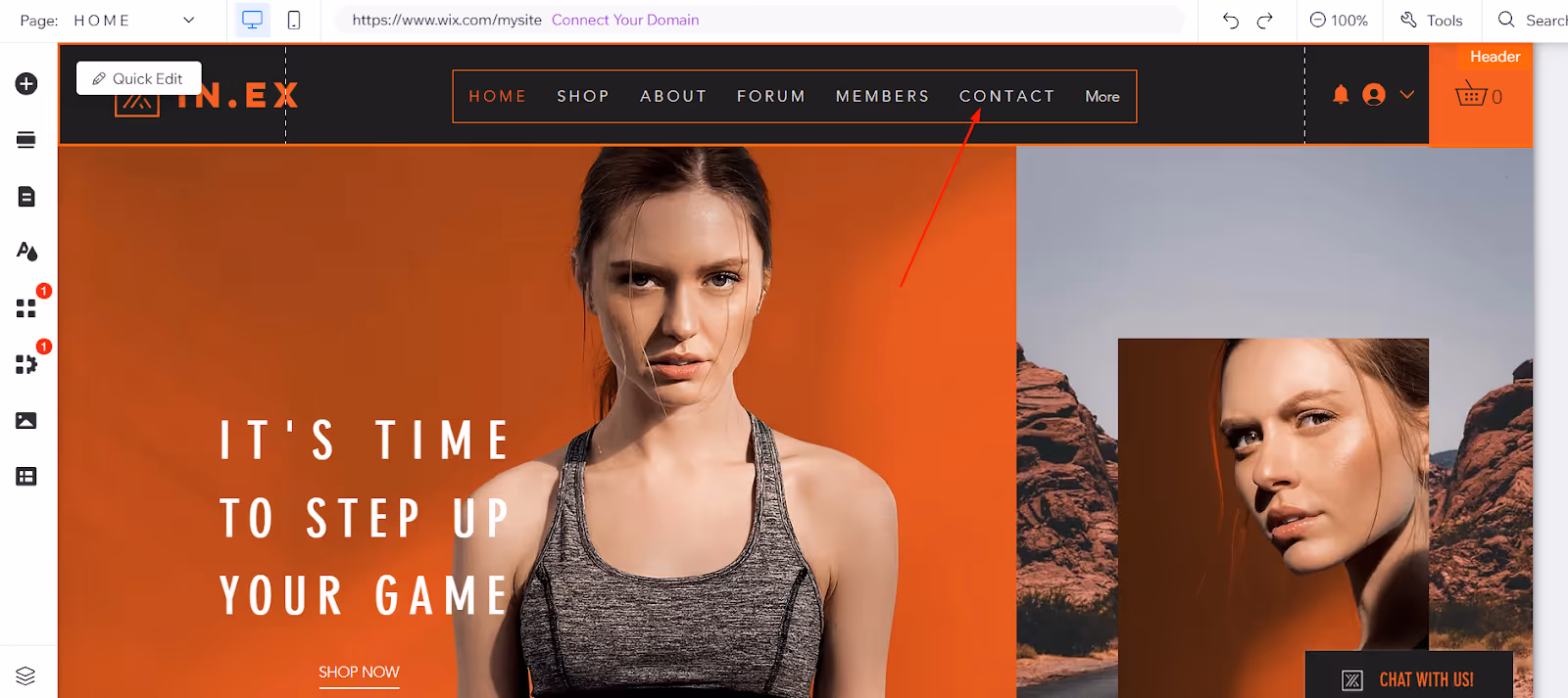 Wix page with an arrow pointing to the "Contact" section