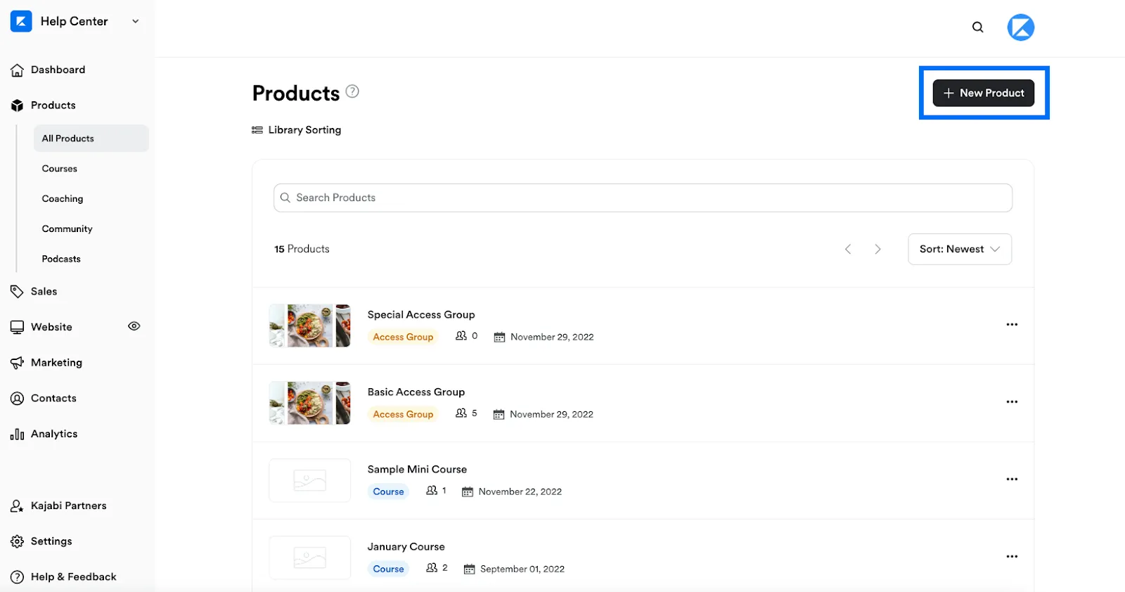 Kajabi dashboard showing the Products page with the '+ New Product' button highlighted in the top-right corner.