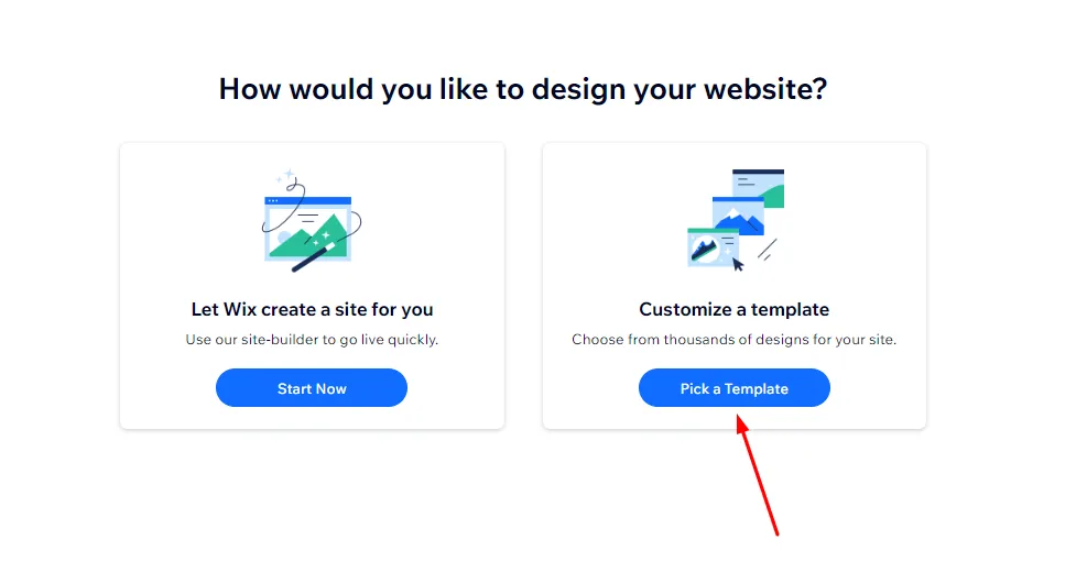 Options to create a website with Wix AI or from a template library with an arrow pointing to the "Pick a Template" button