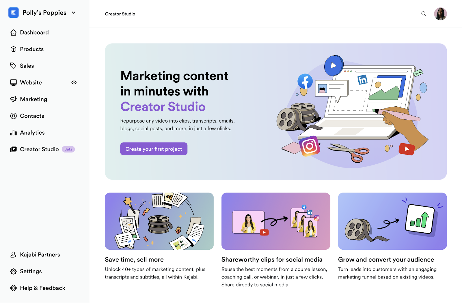 Kajabi dashboard with Creator Studio open.