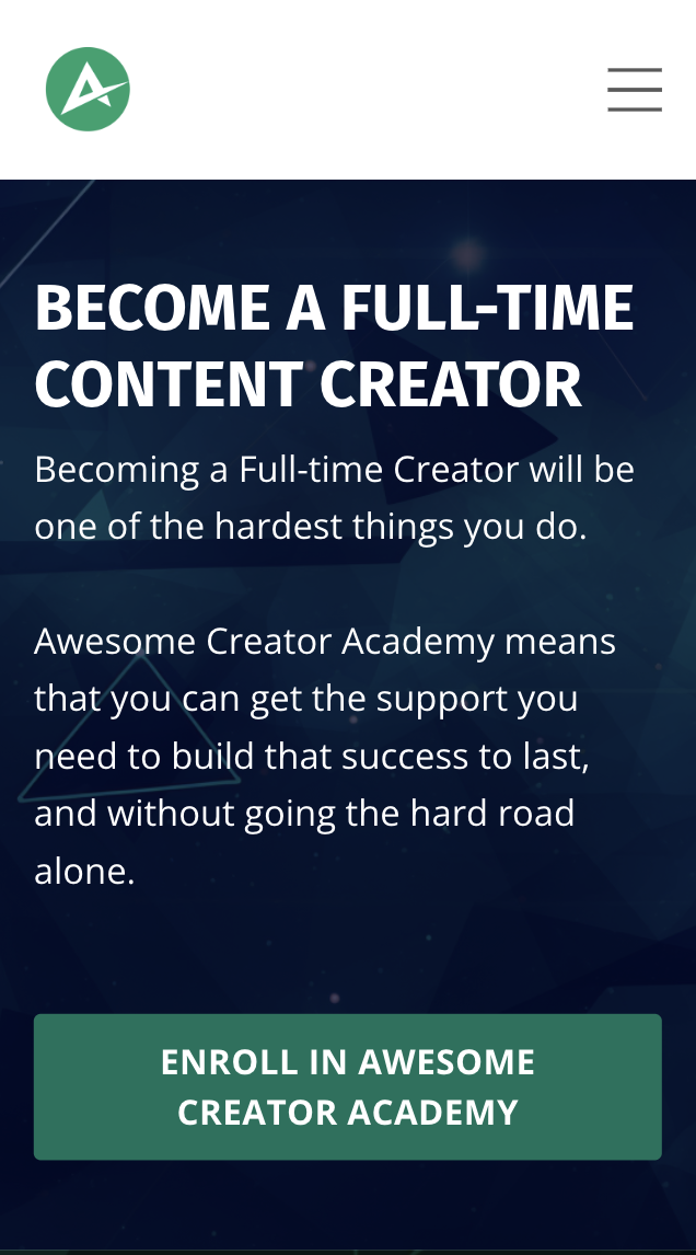 Awesome Creator Academy homepage in mobile view