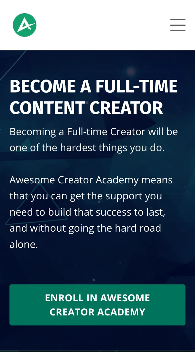 Awesome Creator Academy homepage in mobile view