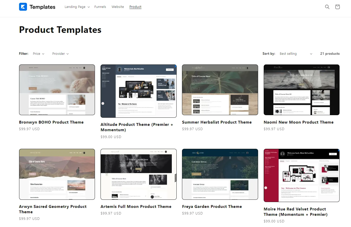 Product templates on Kajabi