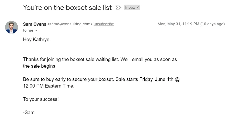 text based email confirming joining a waitlist