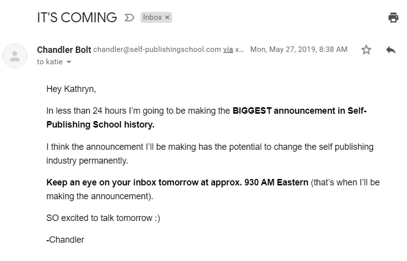 Screenshot of a Self-Publishing School email about an upcoming announcement