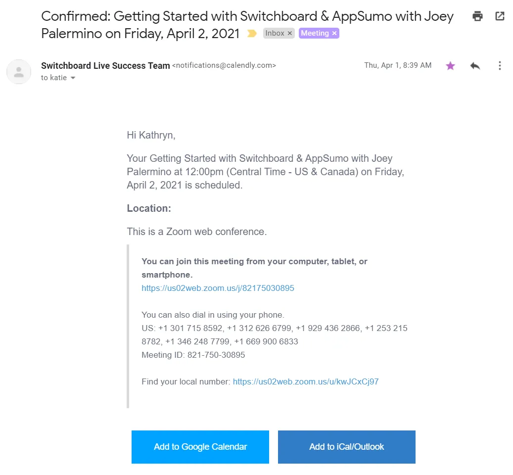 confirmation email from Appsumo
