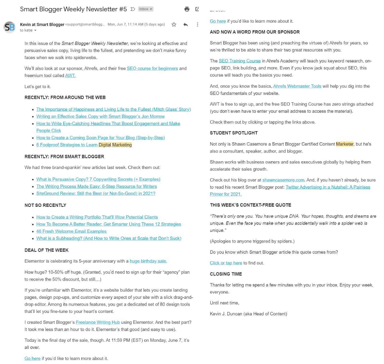 Smart Blogger email newsletter