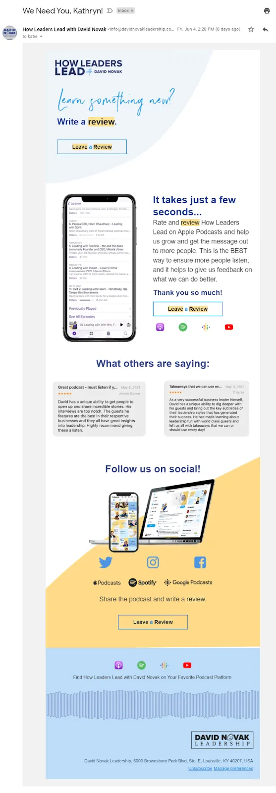 Example of an HTML email asking for feedback