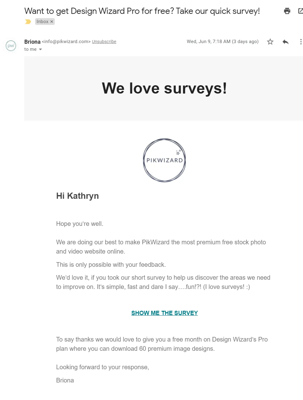 Email from PikWizard asking for feedback