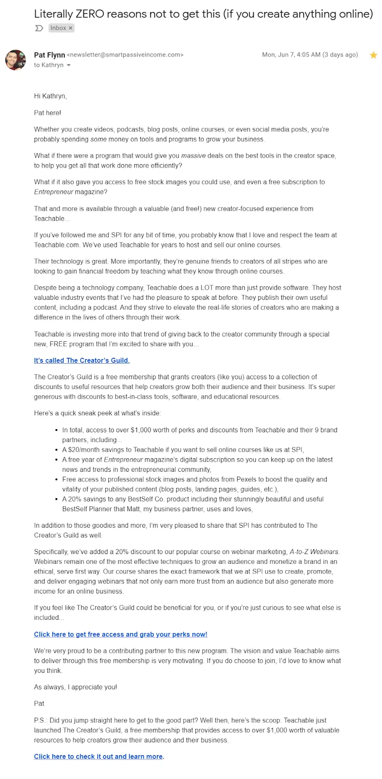 Long, text based promotional email from Pat Flynn