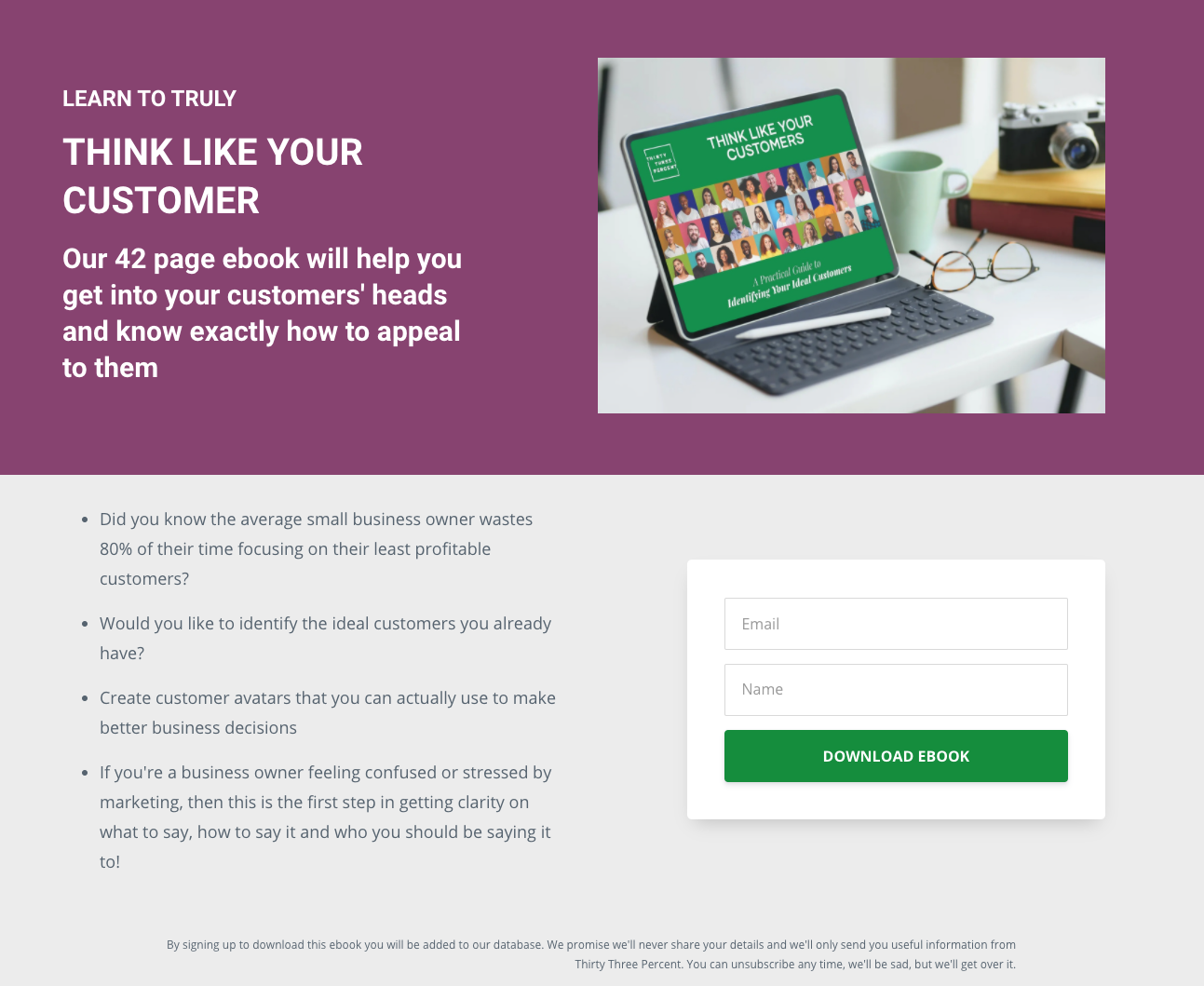 Screenshot of a download page for a free ebook about thinking like customers