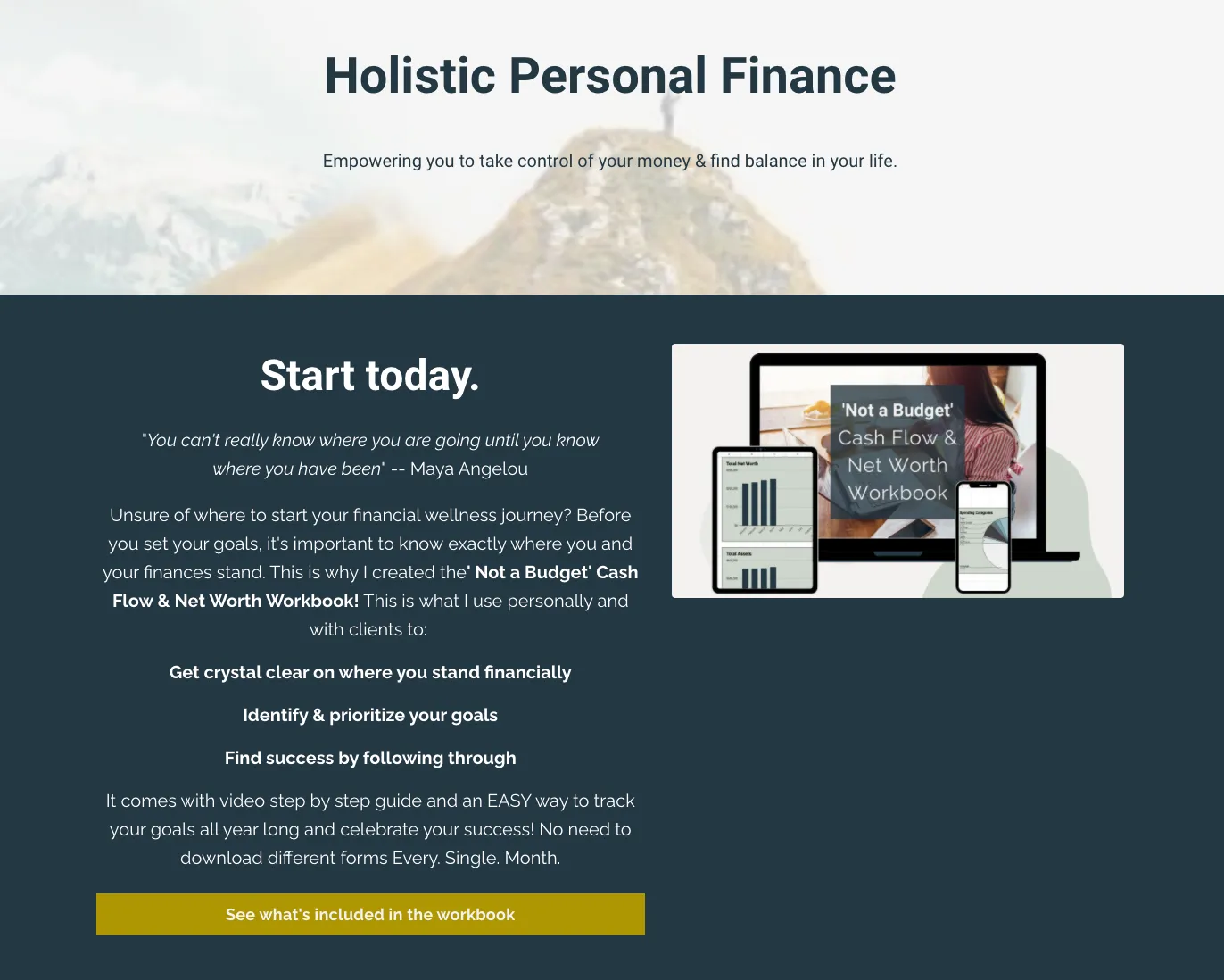 screenshot of the Holistic Personal Finance website with copy about starting today with the 'Not a Budget' Cash Flow and Net Worth Workbook