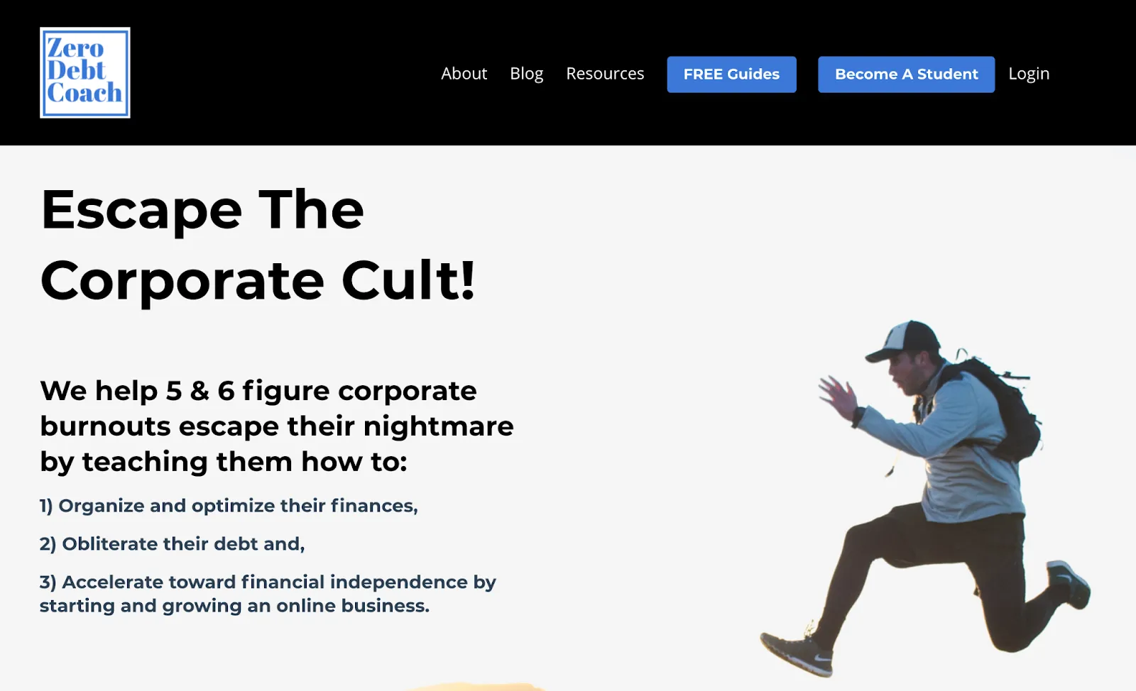 Screenshot of the Zero Debt Coach website discussing escaping the corporate cult with an image of a man jumping