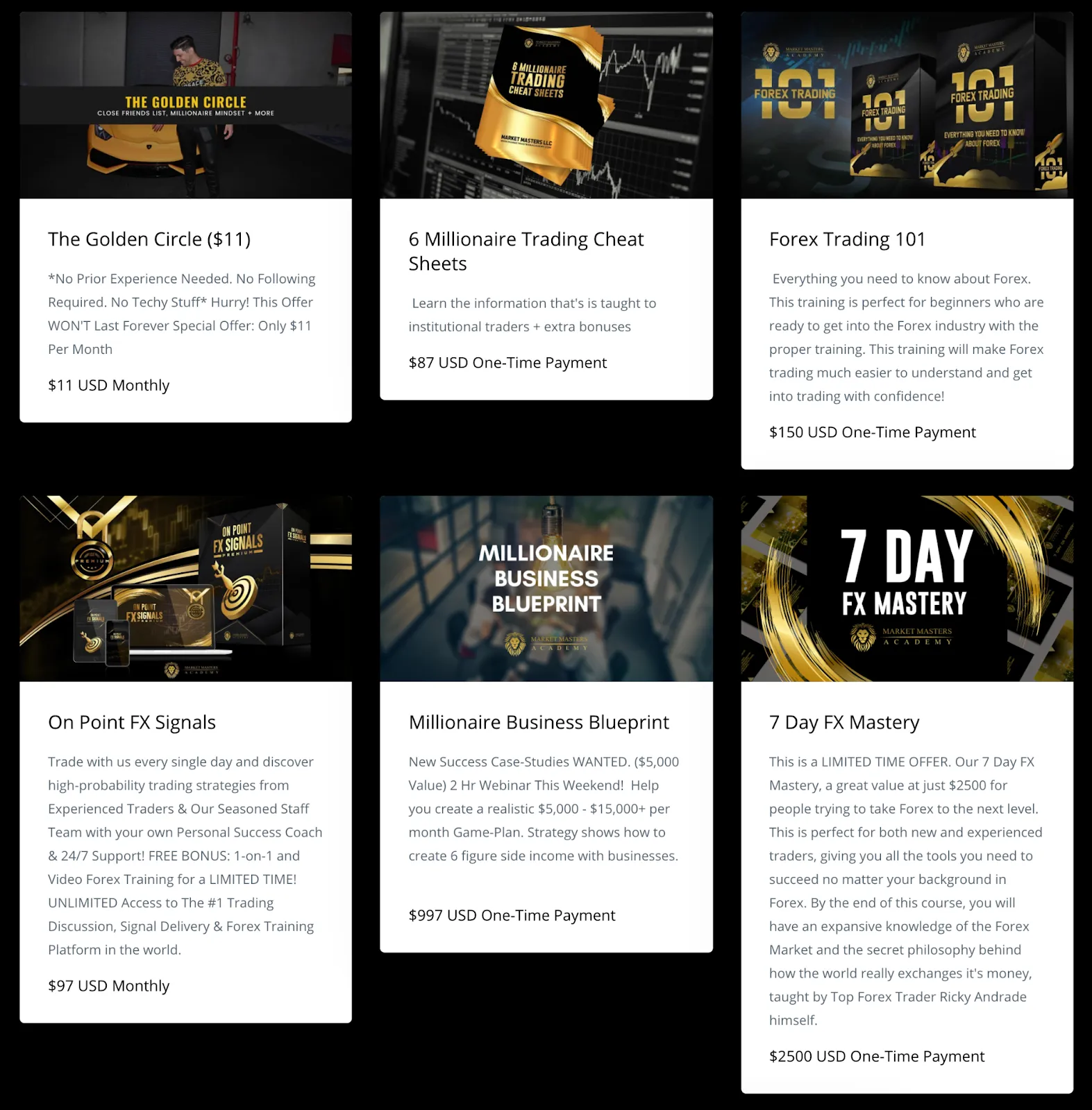 Screenshot of the Market Masters Academy website with six courses on finance, trading, and six figure side income