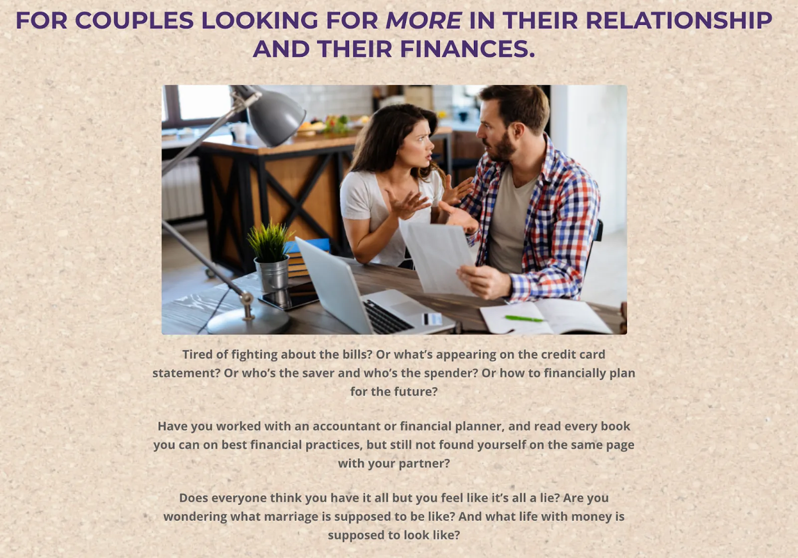 Screenshot of the Healthy Love and Money website with an image of a couple discussing bills on a brown background