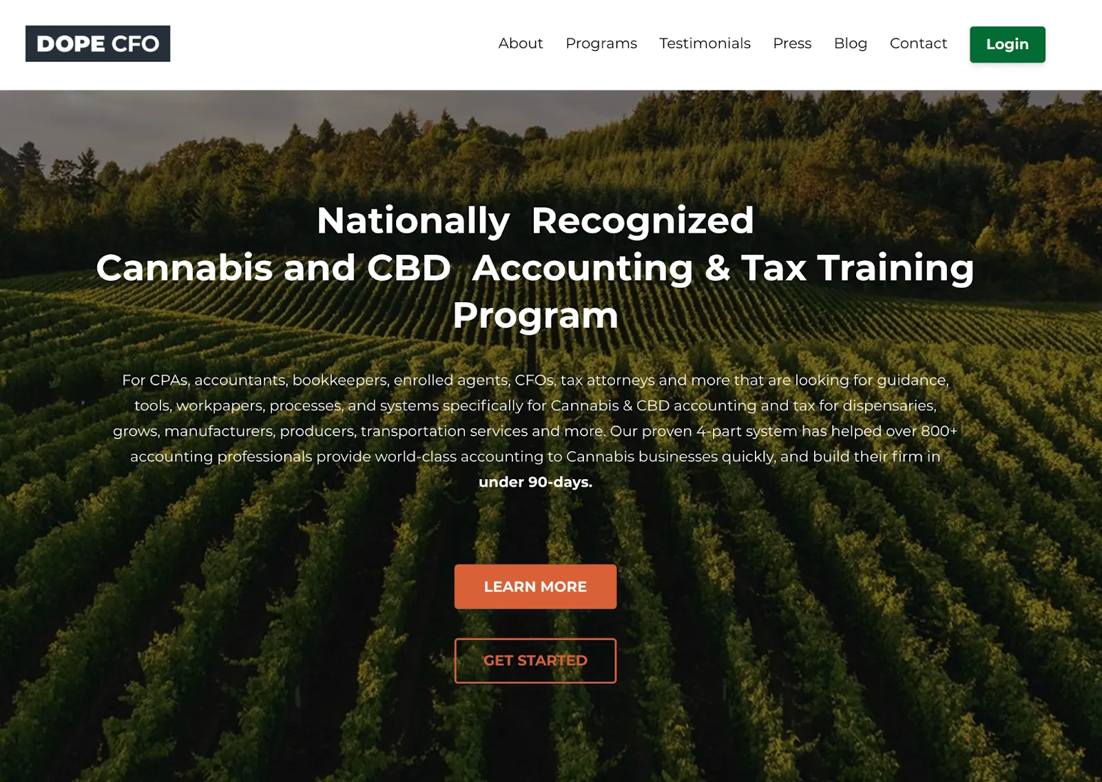 Screenshot of the Dope CFO website showcasing their nationally recognized cannabis and CBS accounting and tax training program
