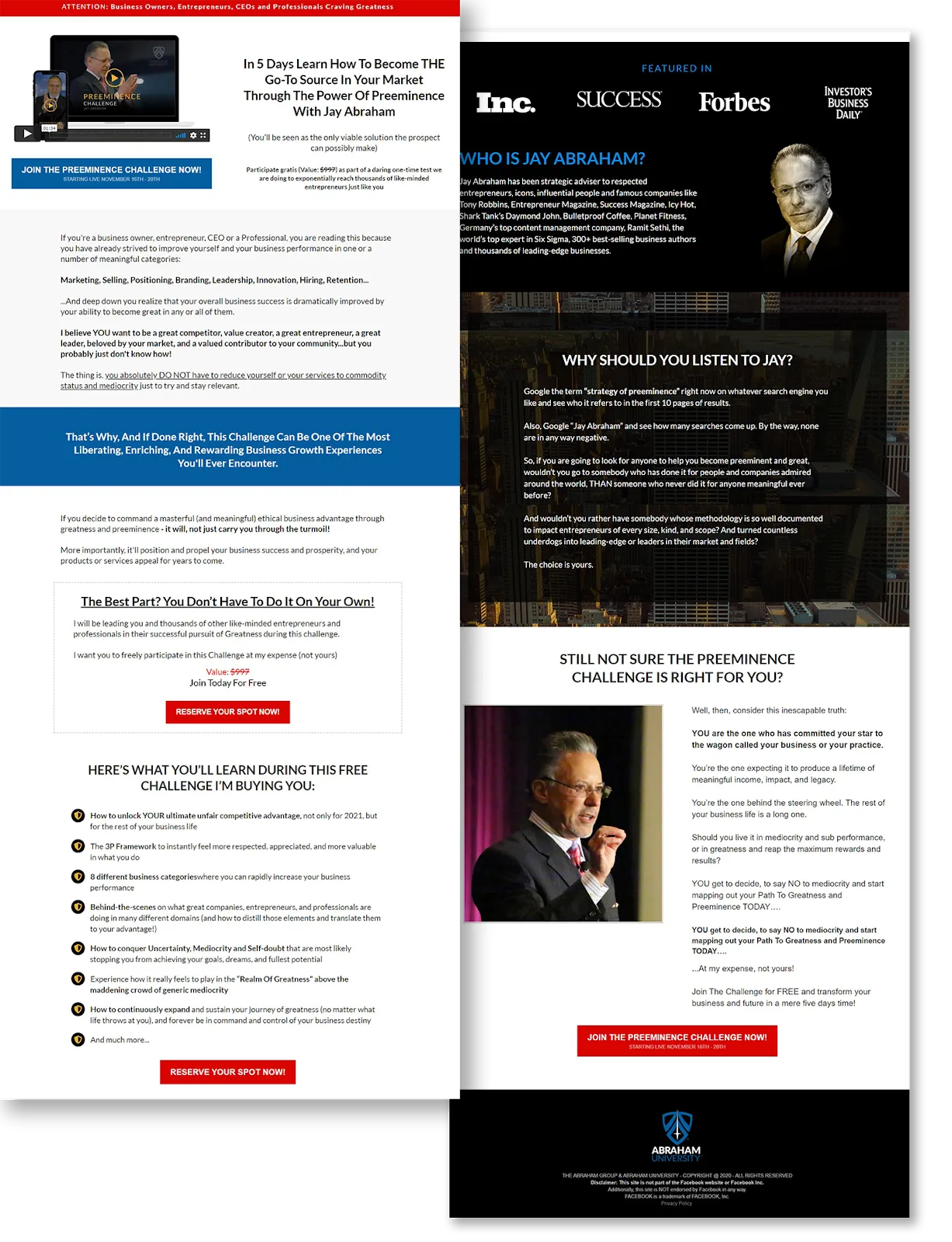 preeminence landing page example