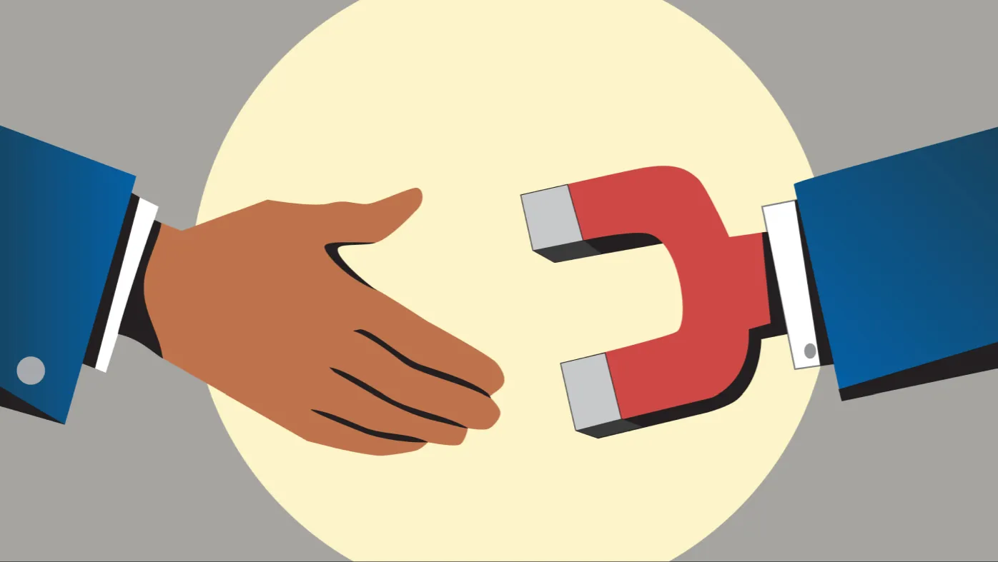 Illustration of a dark hand shaking hands with a magnet hand