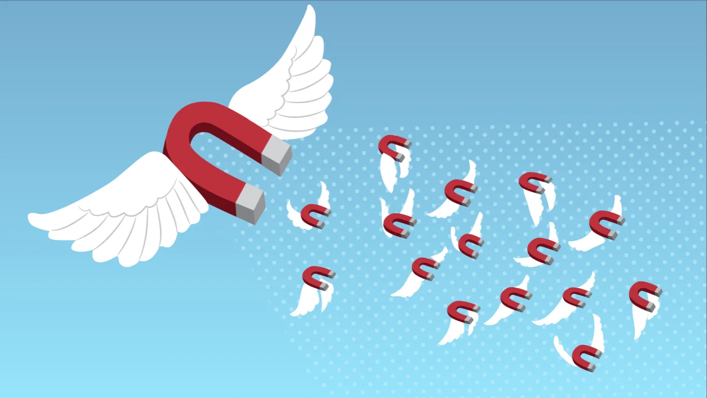 illustration of magnets flying with wings in a blue sky