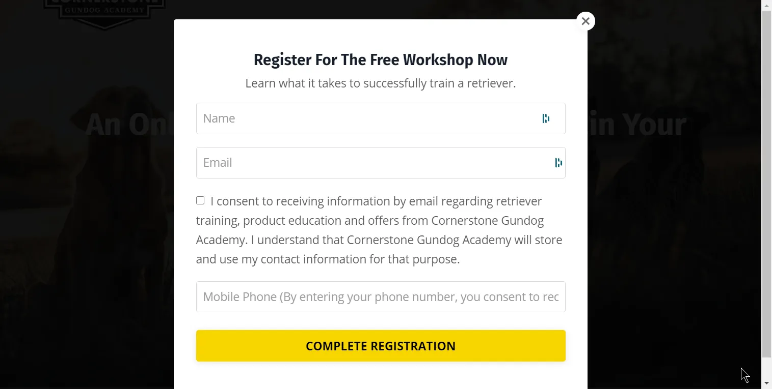 Cornerstone Gundog Academy's registration form for a free workshop